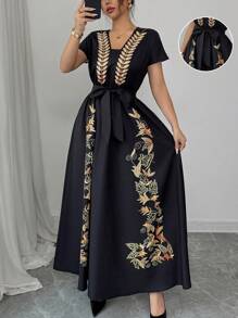 Rafferiza Elegant Shoulder-Tied Short Sleeve Fitted Waist Belt Woven Placement Print Black & Gold Dress For Women, Spring/Summer - Black and Gold - View 4