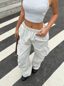 SHEIN Khaki Color Casual Sports Style Loose Pants For Teen Girls - Light Grey - View 5