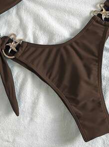 Swim Mod Springbreak 女士纯色金属海星装饰侧系带沙滩比基尼套装，夏季假日 - 棕色 - 查看 4