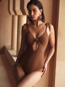 MOTF PREMIUM CUT OUT TIE SHOULDER ONE-PIECE SWIMSUIT FOR SUMMER BEACH VACATION - Brown - View 4
