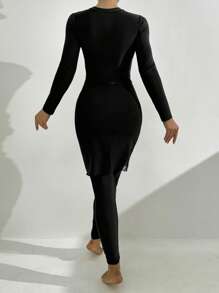 Swim Mulvari 3pcs Women's Metal Decor Solid Color Burkini Set For Beach For Summer Beach Vacation - Black - View 2