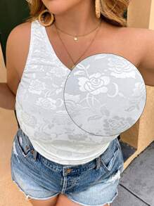 SHEIN VCAY Plus Size Women's Elegant White Jacquard Knit Top,Summer Holiday Vacation Casual Asymmetrical Neck Tops,Cute Off The Shoulder Beach - White - View 1