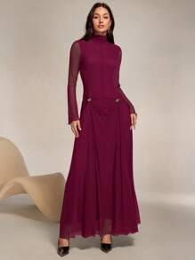 Modelyn Long Sleeve Ruffled Mesh Contrast Maxi Arabic Style Dress Long Evening Dresses - Red Violet - View 5
