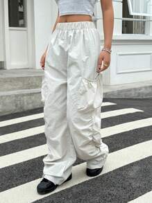 SHEIN Khaki Color Casual Sports Style Loose Pants For Teen Girls - Light Grey - View 1
