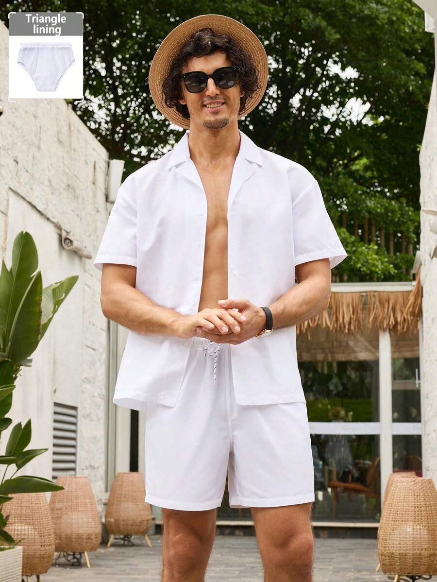 Manfinity VDAYZ 男士休闲沙滩装 - 短袖衬衫和短裤，简约时尚，适合日常穿着