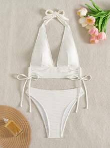 SHEIN Swim 女士夏季海滩度假两件套纯色纹理面料侧系带短款上衣和高腰下装比基尼泳装套装 - 白色 - 查看 6