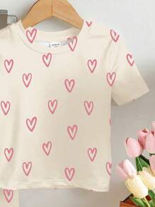 SHEIN 2 peças Conjunto de Pijama com Camiseta de Manga Curta com Estampa de Desenho Animado e Legging, Adequado para Primavera/Verão, para Meninas Jovens