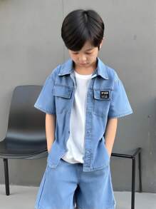 2 Stücke/Set Stylisches Jungen Outfit aus Denim, Kurzarm Hemd & Denim Shorts