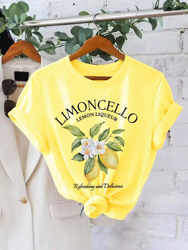 Breezaya Camiseta de cuello redondo con manga corta, estampado de limón y letras, talla grande - Suave, transpirable, micro elasticidad, casual para verano y primavera - Ropa de mujer talla grande ajuste regular, camisetas gráficas para mujer