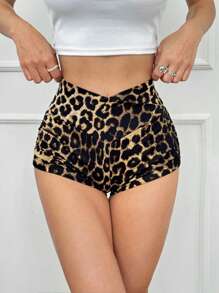 Muchica Leopard Print Cross Waistband Ruched Slim Fit Super Short Shorts - Black - View 5