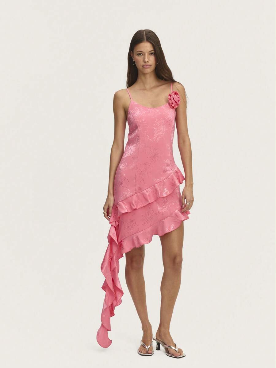 Nöista Bright Pink Mini Dress With Asymmetric Hem, Ruffle Detailing, And Halter Neck With Decorative Rosette. Adjustable Straps, Perfect For Easter, Bridal, Or Graduation. Pair With Sandals For A Fresh, Elegant Look.