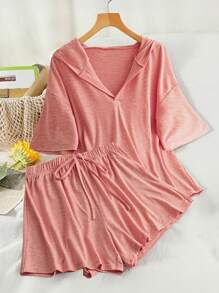 Chiquease Conjunto de ropa de estar por casa informal para mujer - Shorts con cordón y camisa con capucha de manga corta, primavera/verano