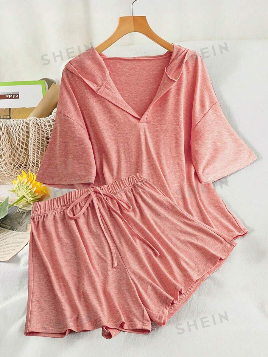 Chiquease Conjunto de ropa de estar por casa informal para mujer - Shorts con cordón y camisa con capucha de manga corta, primavera/verano
