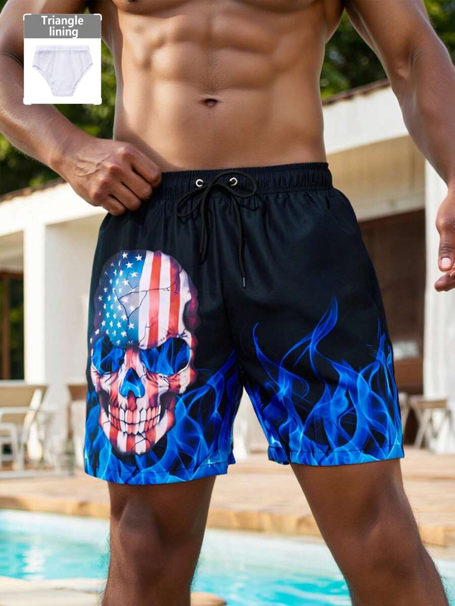 Surfspeed Men's Skull & Flame Print Drawstring Waist Beach Shorts - Blue - View 1
