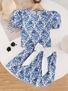 SHEIN 2pcs/Set Tween Girls Woven Floral Print Crew Neck Puff Sleeve Top And Bow Decor A-Line Skirt, French Resort Style, Suitable For Spring Outing And Vacation