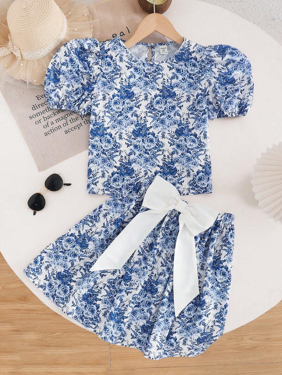 SHEIN 2pcs/Set Tween Girls Woven Floral Print Crew Neck Puff Sleeve Top And Bow Decor A-Line Skirt, French Resort Style, Suitable For Spring Outing And Vacation