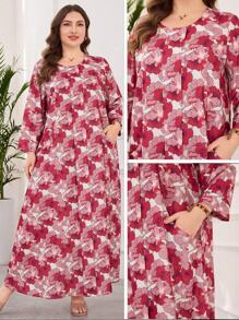 Lacomfia Women Plus Size Casual Loose Round Neck Long Sleeve Pocket Linen-Like Printed Comfortable Dress - Multicolor - View 1