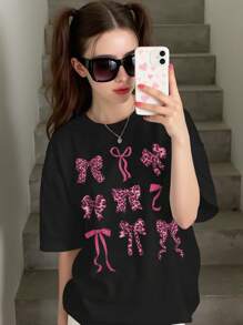 SHEIN 青少年女孩休闲豹纹蝴蝶结装饰短袖 T 恤，适合夏季