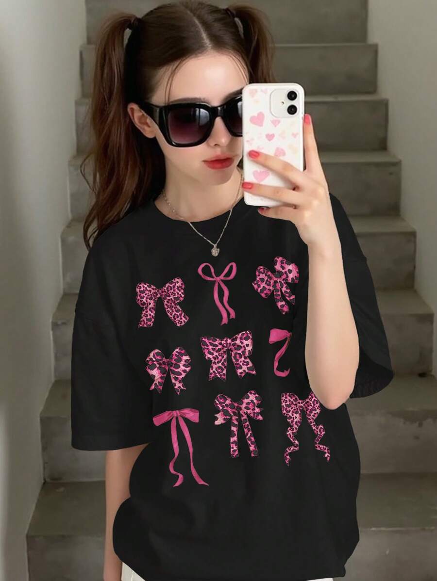 SHEIN 青少年女孩休闲豹纹蝴蝶结装饰短袖 T 恤，适合夏季