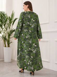 Lacomfia 女士 V 领长袖亚麻印花优雅精致舒适通勤清爽大码连衣裙