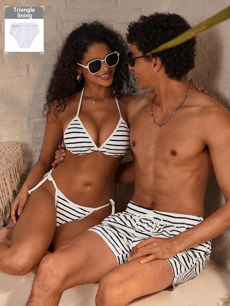 Manfinity VDAYZ Men's Striped Drawstring Waist Casual Beach Shorts - Black and White - View 1