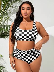 Swim Vcay Bộ đồ bơi Tankini kẻ caro đen trắng cỡ lớn cho nữ - Đen và trắng - Xem 4