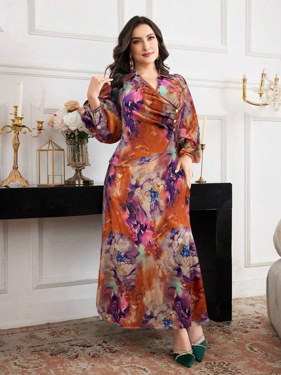Modelyn Plus Size Long Sleeve Casual Dress, Simple And Fashionable, Suitable For Summer - Brown - View 1