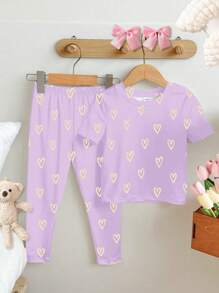 SHEIN Leap Crew 2pcs/Set Young Girl Casual Cartoon Pattern Short Sleeve T-Shirt And Leggings Pajama Set, Suitable For Spring/Summer - White - View 3