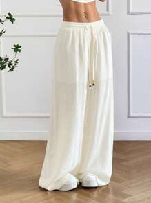 SHEIN EZwear Women's Summer Apricot Solid Bohemian Oversized Wide Leg Pants For Vacation Wear And Music Festival Wear - Apricot - View 3