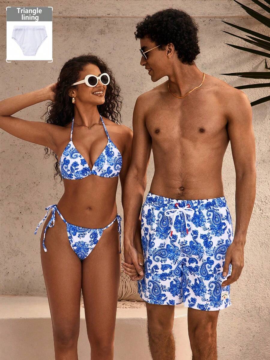 Manfinity VDAYZ 1 件男士休闲度假佩斯利花卉印花沙滩短裤情侣款泳装度假，夏威夷风 - 藍色 - 查看 1