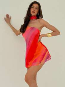 Aloruh 女士蜡染印花无袖迷你直筒连衣裙，时尚单肩带 - 橘色 - 查看 8