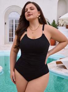 SHEIN Swim Curve Plus Size Black One-Piece Swimsuit With Rhinestone Double-Ring Embellishment
