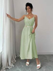 Rafferiza 可调节肩带宽松白色长款吊带连衣裙女式超长款女装 - 綠色 - 查看 3