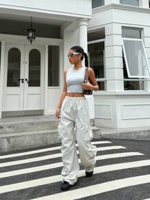 SHEIN Khaki Color Casual Sports Style Loose Pants For Teen Girls - Light Grey - View 6