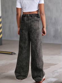 SHEIN Preteen Girls' Grey Rhinestone Embellished Straight Leg Jeans - Dark Grey - View 2