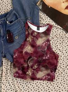 SHEIN EZwear 休闲简约复古波西米亚风图案圆领修身女式背心，适合夏季 - 白色 - 查看 3