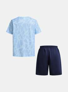 SHEIN 2pcs Tween Boy Casual Sports Pattern Fabric Round Neck Short Sleeve T-Shirt And Shorts Set, Suitable For Commuting, School, Daily Casual, Sports, Running, Basketball, Outdoor Activities, Spring/Summer - Blue - View 2
