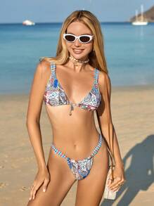 SHEIN Swim Bộ 2 chiếc/Bộ đồ bơi bikini in họa tiết kim loại phong cách Bohemian dành cho nữ, kỳ nghỉ hè ở bãi biển - Nhiều màu - Xem 7