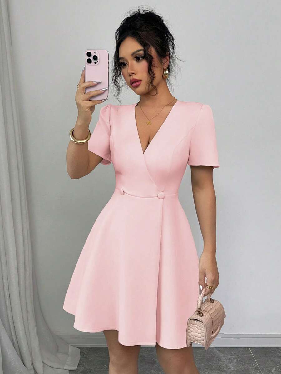 Elenzga Women's Solid Color Elegant French Style Commute Crossed V-Neck Double-Breasted Decorative Big Hem A-Line Short Sleeve Mini Dress, Spring/Summer - Pink - View 1