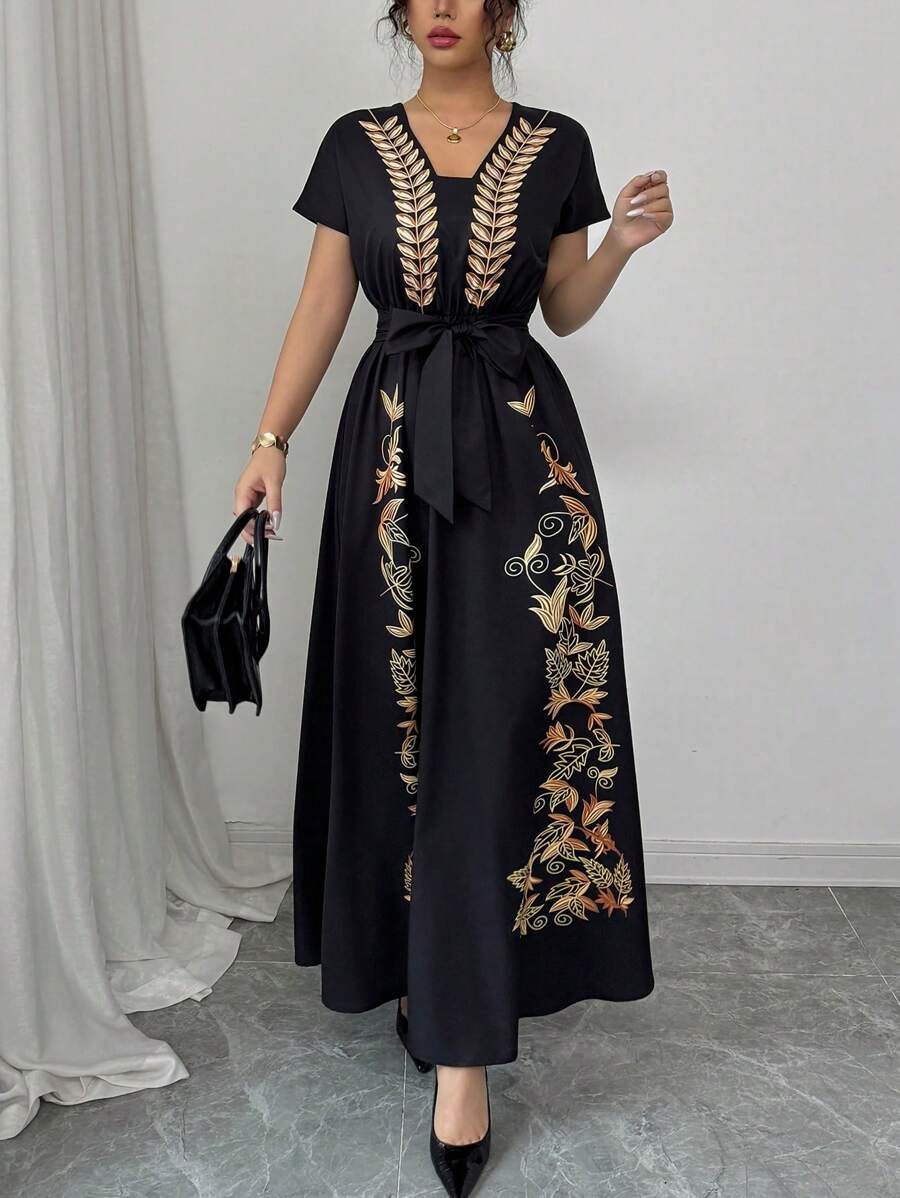 Rafferiza Elegant Shoulder-Tied Short Sleeve Fitted Waist Belt Woven Placement Print Black & Gold Dress For Women, Spring/Summer - Black and Gold - View 1
