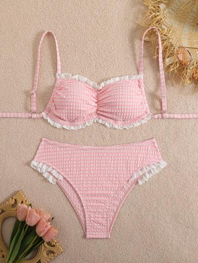 Swim Mod Plus Size Fashion Plaid Print Ruffle Trim Bikini Set, Cute Ladies Summer Swimwear