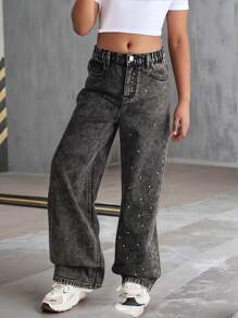 SHEIN Preteen Girls' Grey Rhinestone Embellished Straight Leg Jeans - Dark Grey - View 4