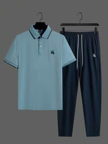 Manfinity Homme 2件套男士撞色短袖Polo衫和裤子套装男士休闲装男士夏季服装男士T恤套装 - 藍色 - 查看 3