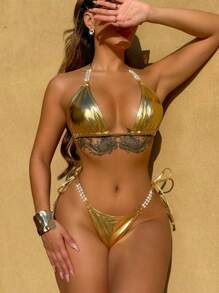 SHEIN Swim SXY Top de bikini halter con escote en la espalda, adorno de perlas y tirantes para mujer, sexy