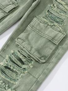 SHEIN Young Girl' Retro Street Style Distressed Ripped Multiple Pockets Washed Light Blue Straight-Leg Denim Cargo Pants - Green - View 3
