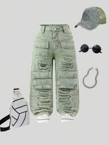 SHEIN Young Girl' Retro Street Style Distressed Ripped Multiple Pockets Washed Light Blue Straight-Leg Denim Cargo Pants - Green - View 5