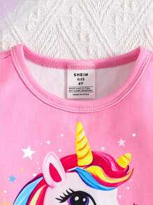 SHEIN 年轻女孩睡衣 - 2 件套粉色夜光可爱独角兽印花舒适休闲圆领短袖 T 恤和印花长裤，贴身家居服 - 粉色 - 查看 6