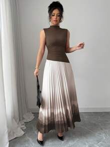 Elenzga Women's Elegant Party Cocktail Dress With Pleated Floral Print, Suitable For Carnival, Easter, Chinese New Year, Red, Pleated, Pink Color Block Asymmetrical Splice Design, Sleeveless Stand Collar Tie Dye Dress, Summer - Coffee Brown - View 5