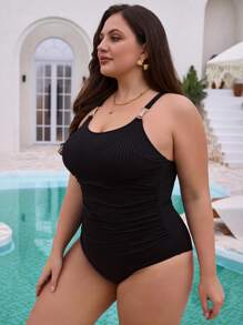 SHEIN Swim Curve Plus Size Black One-Piece Swimsuit With Rhinestone Double-Ring Embellishment