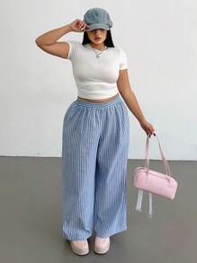 SHEIN MOOSTA Plus Size Woven Elastic Waist Striped Wide Leg Pants - Multicolor - View 6